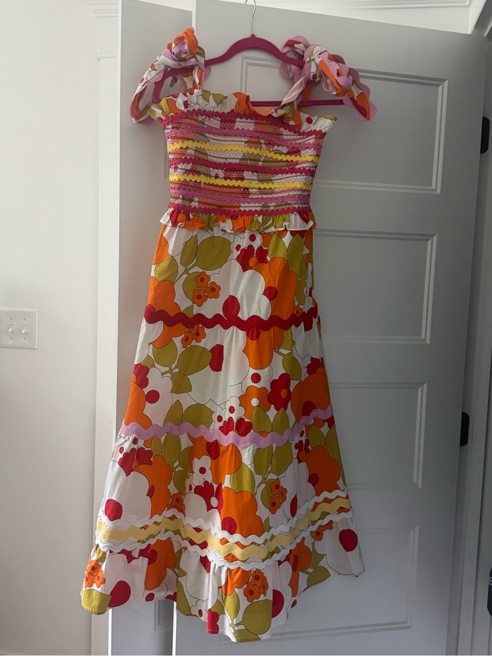 CeliaB Girls Floral Smocked Maxi Dress in Orange, Pink & Green